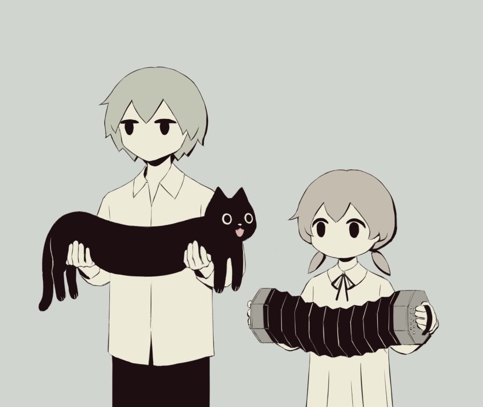 1boy 1girl avogado6 black_cat cat collared_shirt concertina expressionless grey_background holding holding_cat holding_instrument instrument jitome long_sleeves low_twintails music muted_color neck_ribbon no_mouth open_mouth original playing_instrument ribbon shirt short_hair simple_background standing twintails white_shirt wing_collar