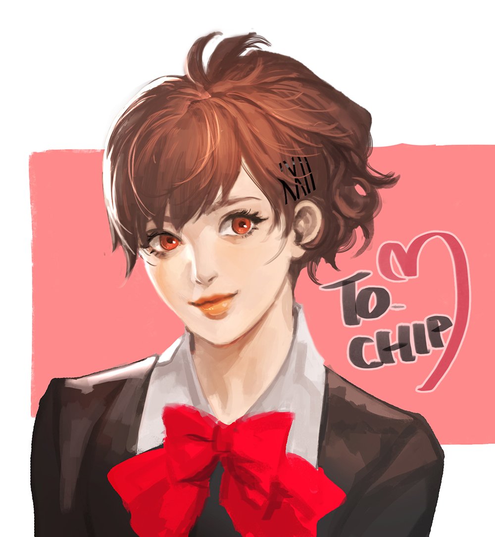 1girl brown_hair commentary_request copyright_request eyebrows eyebrows_behind_hair eyelashes hair_ornament hairclip korean_commentary lips nabicarol_(na_lolol) neck_ribbon persona persona_3 portrait red_eyes ribbon simple_background smile solo tied_hair x_hair_ornament