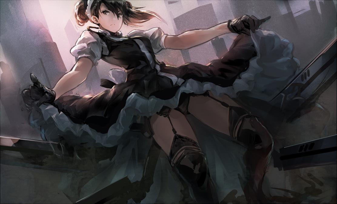 1girl agent_(girls_frontline) artist_request black_hair city commentary_request garter_belt garter_straps girls_frontline gloves gun maid maid_headdress panties sangvis_ferri skirt skirt_lift solo thigh-highs underwear weapon