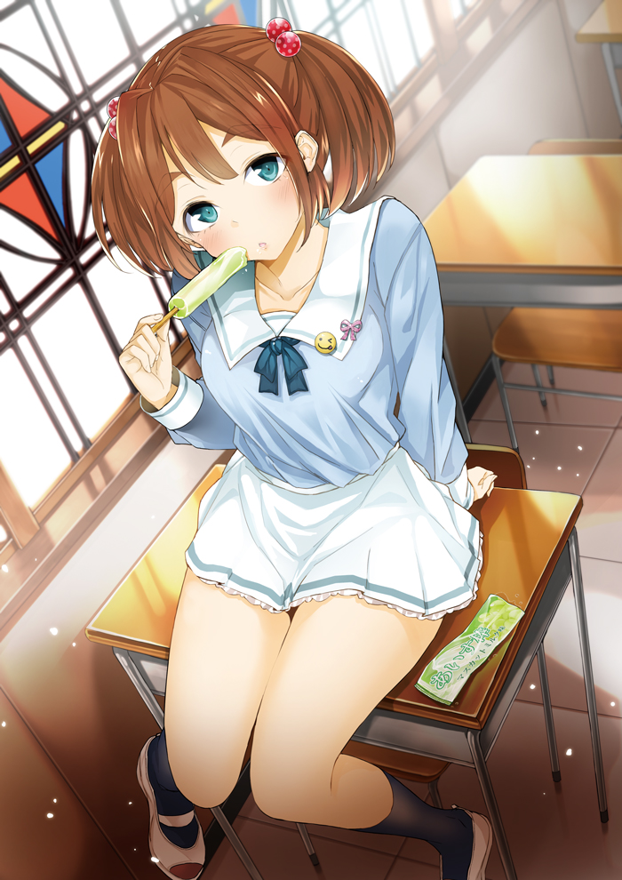 1girl :o badge blue_eyes blue_neckwear blue_shirt brown_hair button_badge chair classroom collarbone commentary_request desk food hair_bobbles hair_ornament head_tilt holding indoors long_sleeves looking_at_viewer moe2019 neck_ribbon on_desk original popsicle ribbon sakasa_(guranyto) school_chair school_desk school_uniform serafuku shirt shoes short_twintails sitting sitting_on_desk skirt smiley_face socks solo stained_glass twintails uwabaki white_skirt window wrapper