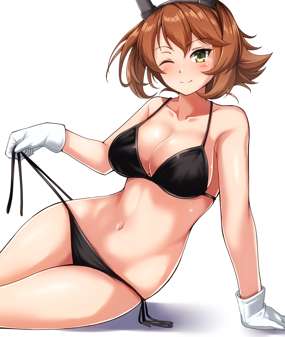 1girl bangs black_bra black_panties blush bra breasts brown_hair cleavage closed_mouth collarbone commentary_request eyebrows_visible_through_hair gloves green_eyes hair_between_eyes headgear holding kantai_collection large_breasts looking_at_viewer mutsu_(kantai_collection) navel panties radio_antenna short_hair side-tie_panties simple_background smile solo string_panties underwear underwear_only white_background white_gloves zanntetu