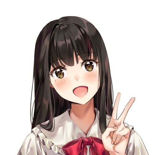 1girl :d black_hair blush bow bowtie brown_eyes cherim collared_shirt frilled_shirt_collar frills grey_shirt hand_up head_tilt long_hair looking_at_viewer lowres mole mole_under_eye multicolored_hair open_mouth original portrait red_neckwear redhead shirt simple_background smile solo streaked_hair v white_background