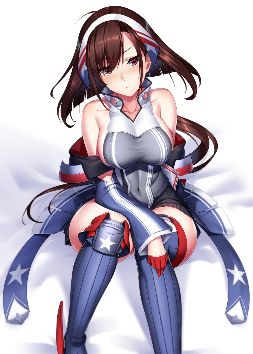 1girl ahoge american_flag american_flag_print azur_lane bangs bare_shoulders black_skirt blue_jacket blue_legwear blush boots breasts brown_hair closed_mouth collarbone covered_navel embarrassed eyebrows_visible_through_hair flag_print floating_hair frown gloves hairband half_gloves head_tilt high_collar highres independence_(azur_lane) jacket ken_ill large_breasts long_hair looking_at_viewer low_ponytail mole_on_thigh off_shoulder pleated_skirt red_eyes red_gloves sidelocks simple_background single_knee_pad single_thigh_boot skindentation skirt sleeveless_jacket solo taut_jacket thigh-highs thigh_boots white_background