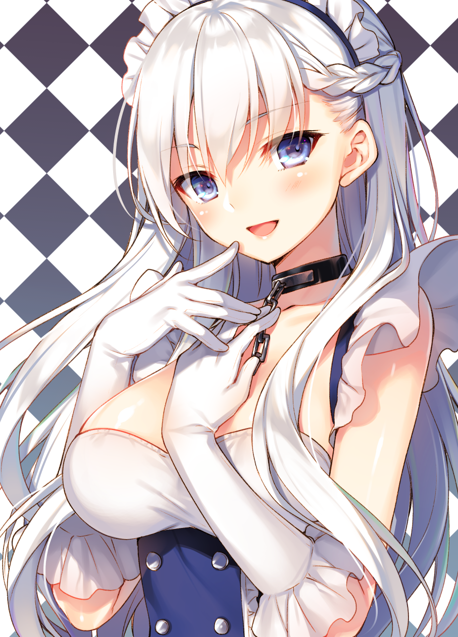 1girl azur_lane bangs belfast_(azur_lane) blue_eyes blush braid breasts buttons chains checkered checkered_background collar collarbone dress elbow_gloves eyebrows_visible_through_hair french_braid frills gloves hand_on_own_chest hands_up headdress highres long_hair looking_at_viewer maid maid_headdress medium_breasts open_mouth silver_hair simple_background sleeveless sleeveless_dress smile solo toosaka_asagi underbust upper_body white_gloves