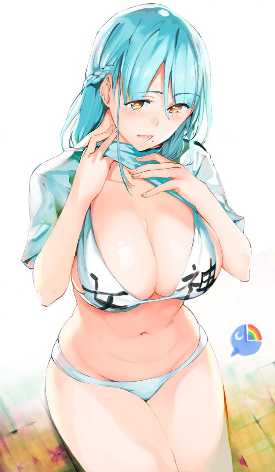1girl bangs bikini blue_hair braid breasts cleavage clothes_writing commentary_request eyebrows_visible_through_hair french_braid large_breasts legs_together lifted_by_self metallican moira_(nijisanji) mole mole_under_mouth navel nijisanji open_mouth print_bikini shirt_lift short_sleeves sitting solo swimsuit white_bikini yellow_eyes