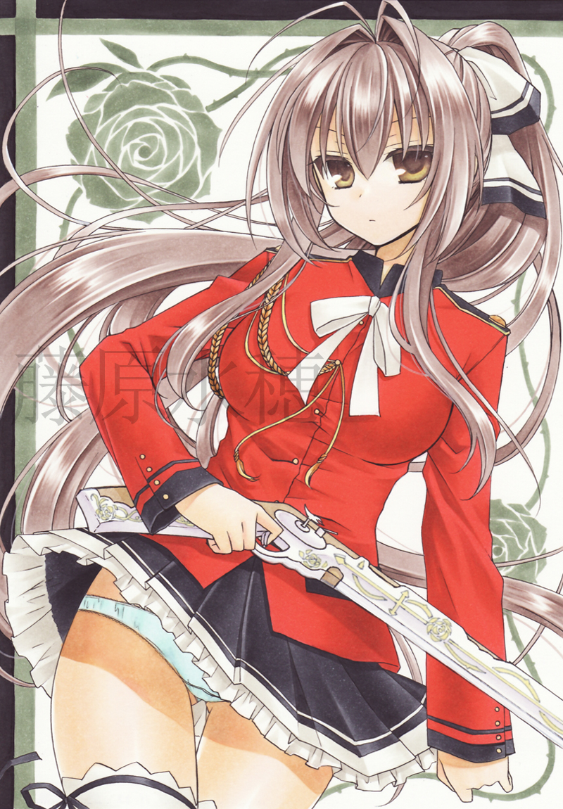 1girl amagi_brilliant_park antenna_hair black_ribbon black_skirt breasts brown_eyes floating_hair flower frilled_skirt frills fujiwara_minaho gun hair_between_eyes hair_intakes holding holding_gun holding_weapon jacket large_breasts long_hair long_sleeves looking_at_viewer marker_(medium) miniskirt neck_ribbon panties pleated_skirt red_jacket ribbon rifle rose sento_isuzu side_ponytail silver_hair skirt solo thigh-highs traditional_media underwear uniform very_long_hair watermark weapon white_legwear white_panties white_ribbon