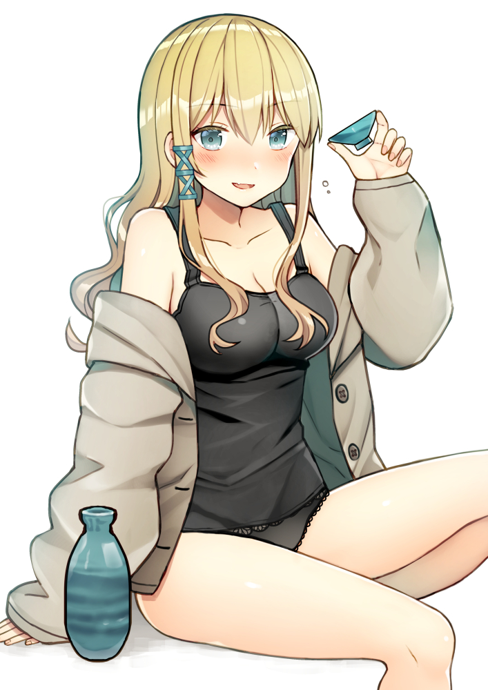 1girl bangs bare_shoulders black_camisole black_panties blonde_hair blue_eyes blue_ribbon blush breasts brown_jacket camisole choko_(cup) cleavage collarbone commentary_request cup eyebrows_visible_through_hair fang fingernails hair_between_eyes hair_ribbon holding jacket kurata_rine long_hair long_sleeves medium_breasts off_shoulder open_clothes open_jacket original panties parted_lips ribbon shadow sitting sleeves_past_wrists smile solo tokkuri underwear white_background