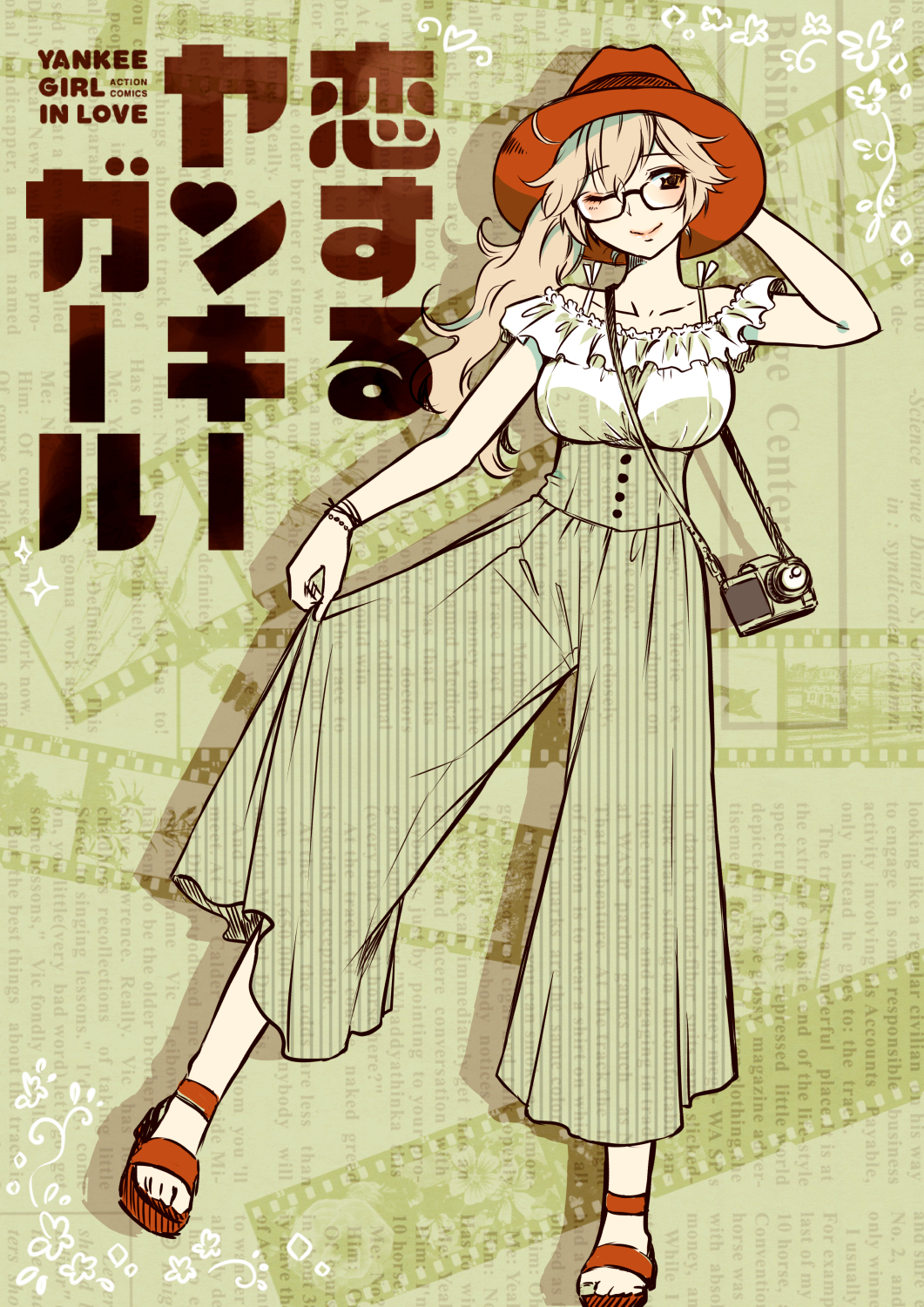 1girl blonde_hair breasts camera check_copyright english_text eyebrows_visible_through_hair film_strip frills glasses green_pants hair_between_eyes hand_behind_head hat highres holding_pants long_hair one_eye_closed original orihara_sachiko pants ponytail red_footwear red_hat sandals solo striped striped_pants unmoving_pattern vertical_stripes