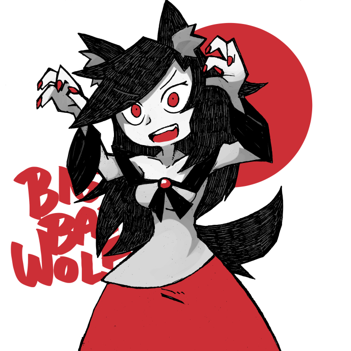 1girl animal_ears arms_up brooch collarbone dress english_text eyebrows_visible_through_hair fingernails imaizumi_kagerou jewelry long_fingernails long_hair moon nail_polish open_mouth red_eyes red_moon red_nails setz sharp_fingernails simple_background smile solo tail touhou werewolf wolf_ears wolf_tail