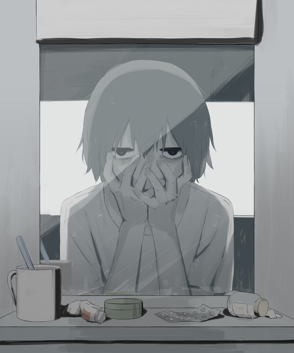 1boy avogado6 bags_under_eyes black_eyes commentary container cup grey_hair hands_on_own_face highres indoors jitome looking_at_viewer male_focus messy_hair mirror mug muted_color original pill reflection short_hair solo toothbrush toothpaste