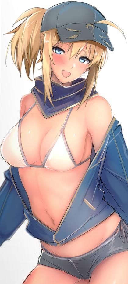 1girl :d ahoge artoria_pendragon_(all) bare_shoulders baseball_cap bikini black_hat black_shorts blonde_hair blue_eyes blue_jacket blue_scarf blush breasts cleavage commentary_request cowboy_shot fate/grand_order fate_(series) hair_through_headwear hat head_tilt jacket large_breasts long_hair long_sleeves looking_at_viewer micro_shorts mobu mysterious_heroine_xx_(foreigner) navel off_shoulder open_clothes open_jacket open_mouth ponytail scarf shorts side-tie_bikini sidelocks simple_background smile solo standing stomach swimsuit white_background white_bikini_top