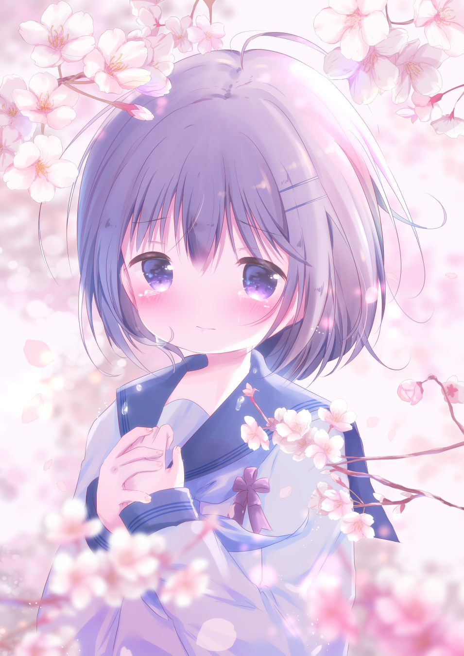 1girl ahoge bangs black_sailor_collar blurry blurry_background blurry_foreground blush brown_hair cherry_blossoms closed_mouth commentary_request crying crying_with_eyes_open depth_of_field eyebrows_visible_through_hair hair_between_eyes hair_ornament hairclip hands_together hands_up highres long_sleeves looking_at_viewer moe2019 original own_hands_together rin_(fuwarin) sailor_collar school_uniform serafuku shirt sleeves_past_wrists solo tears tree_branch upper_body violet_eyes white_shirt