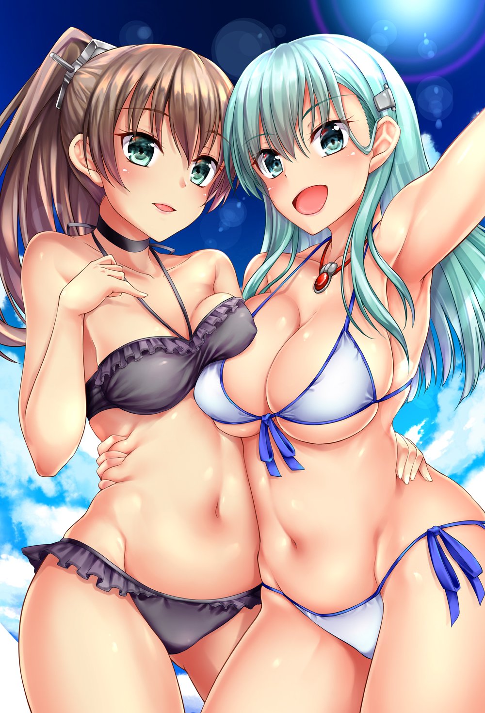 2girls akizuki_akina aqua_hair asymmetrical_docking beach bikini blue_bikini blush breast_press breasts brown_hair cleavage collarbone day deep_skin frilled_bikini frills front-tie_top green_eyes hair_ornament hairclip highres kantai_collection kumano_(kantai_collection) large_breasts long_hair medium_breasts multiple_girls navel open_mouth outdoors parted_lips ponytail purple_bikini shiny shiny_hair side-tie_bottom straight_hair suzuya_(kantai_collection) swimsuit upper_body