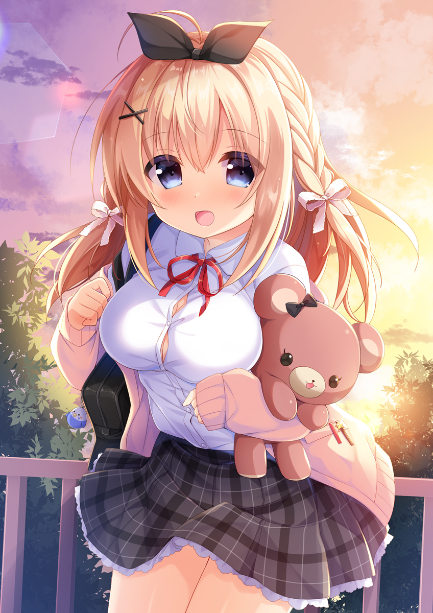 1girl :d ahoge bangs black_ribbon blonde_hair blue_eyes blush bow braid breasts brown_cardigan cardigan cleavage clouds cloudy_sky collared_shirt commentary_request dress_shirt eyebrows_visible_through_hair grey_skirt hair_between_eyes hair_bow hair_ornament hair_ribbon hairclip highres long_hair long_sleeves looking_at_viewer medium_breasts moe2019 neck_ribbon object_hug open_cardigan open_clothes open_mouth original outdoors plaid plaid_skirt pleated_skirt railing red_ribbon ribbon shirt skirt sky sleeves_past_wrists smile solo stuffed_animal stuffed_toy sunset teddy_bear umeko_machi white_bow white_shirt x_hair_ornament