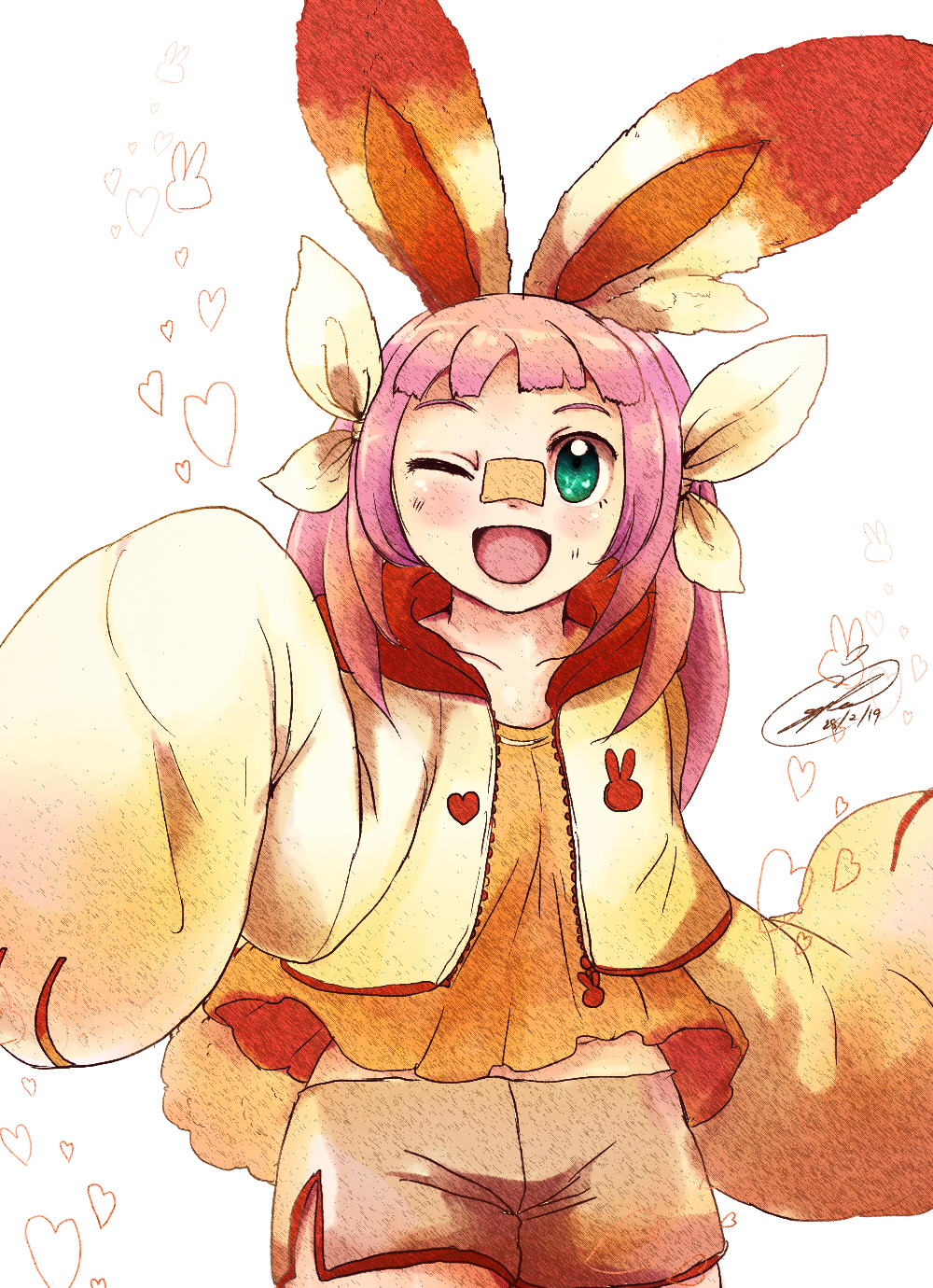 1girl animal_ears appleko bandage_on_face creatures_(company) crossover eyebrows game_freak green_eyes heart highres hood hoodie inazuma_eleven inazuma_eleven_(series) inazuma_eleven_ares_no_tenbin looking_at_viewer miniskirt nintendo one_eye_closed open_mouth pink_hair pokemon pokemon_(game) pokemon_swsh rabbit_ears scorbunny short_hair skirt smile tagme