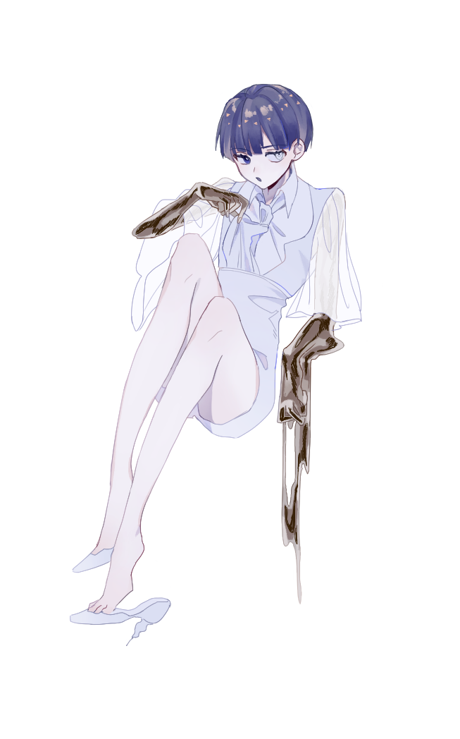 1other androgynous bangs blue_eyes blue_hair blunt_bangs full_body golden_arms heterochromia high_heels houseki_no_kuni kohaku_989 looking_at_viewer necktie phosphophyllite_(ll) see-through_sleeves short_hair solo spoilers white_background white_eyes