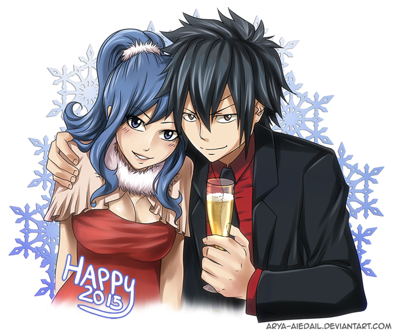 1boy 1girl 2015 arya-aiedail black_hair black_jacket black_neckwear blue_eyes blue_hair breasts brown_eyes collared_shirt couple cup dress fairy_tail gray_fullbuster hair_between_eyes hair_ornament hand_on_another's_shoulder happy_new_year holding holding_cup jacket juvia_lockser large_breasts long_hair looking_at_viewer necktie new_year open_clothes open_jacket parted_lips ponytail red_dress red_shirt shirt sleeveless sleeveless_dress smile snowflakes spiky_hair v-shaped_eyebrows watermark web_address white_background wing_collar
