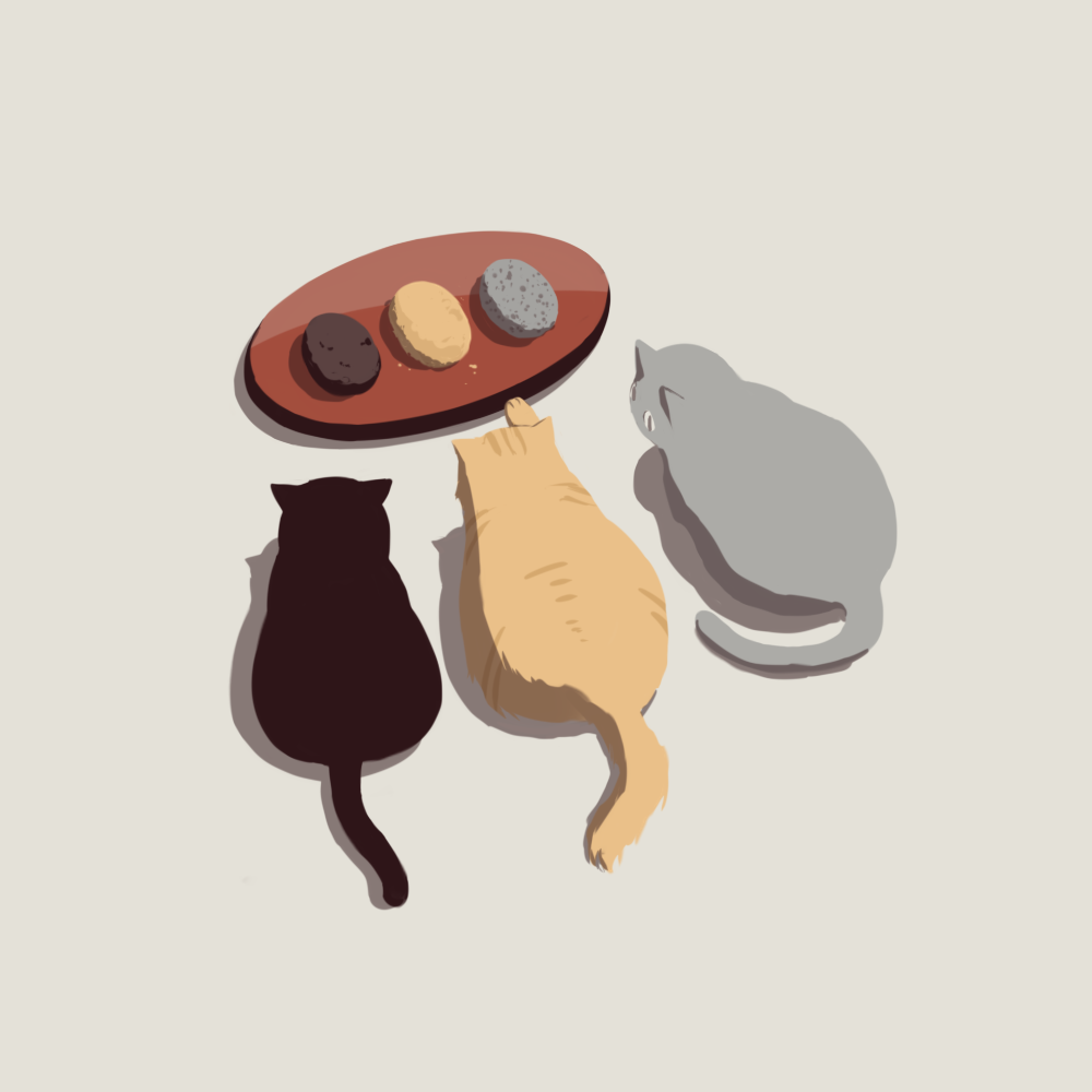 avogado6 black_cat brown_cat cat cat_focus color_coordination commentary_request food from_above full_body grey_background grey_cat looking_at_another no_humans ohagi_(food) original plate simple_background