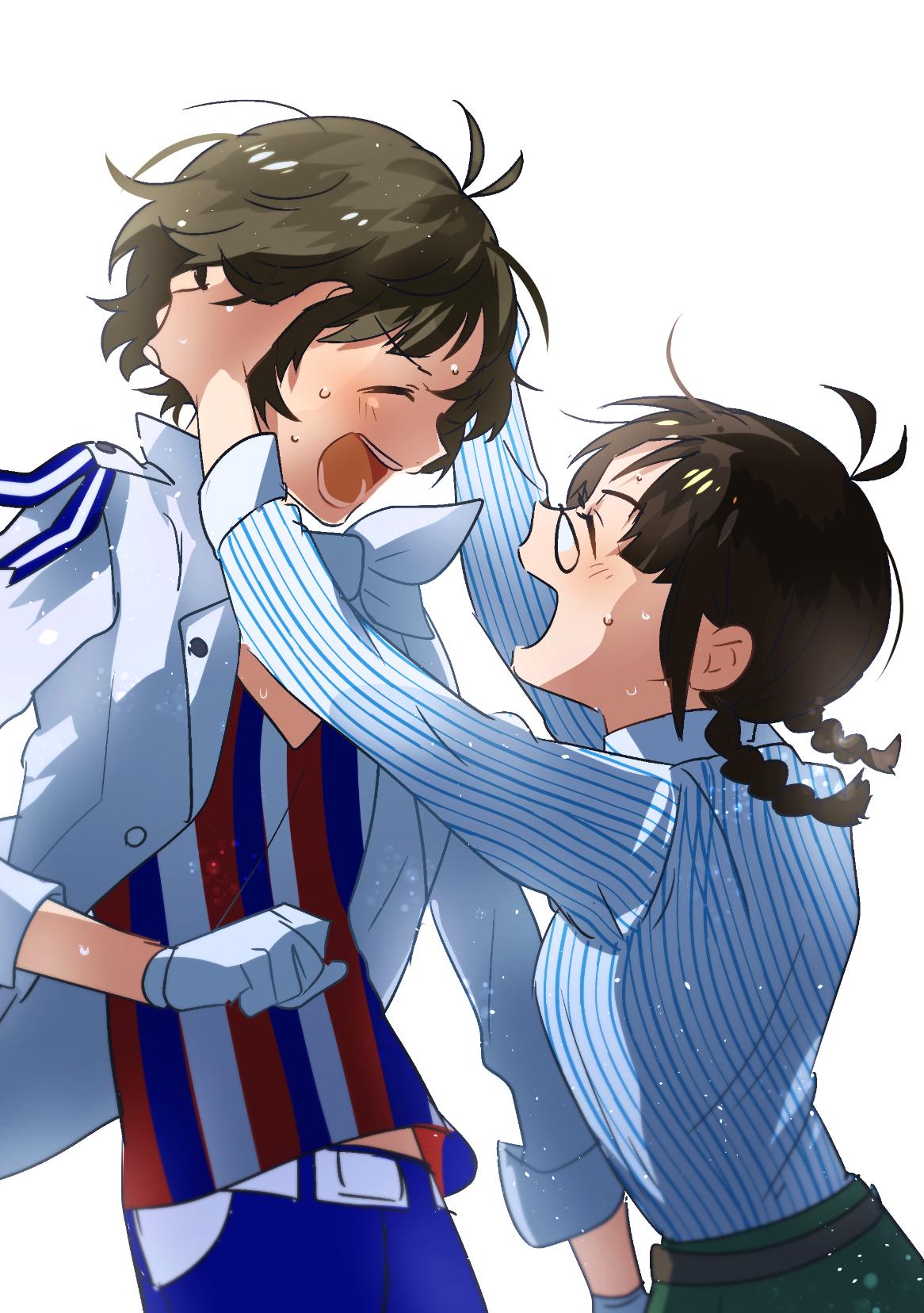 1boy 1girl akizuki_ritsuko akizuki_ryou belt braid commentary cousins f-lags_(idolmaster) glasses gloves highres idolmaster idolmaster_(classic) idolmaster_side-m jacket pinstripe_pattern shirt simple_background smile starting_brighty striped striped_shirt sweat takumi_(scya) twin_braids white_background white_gloves white_jacket