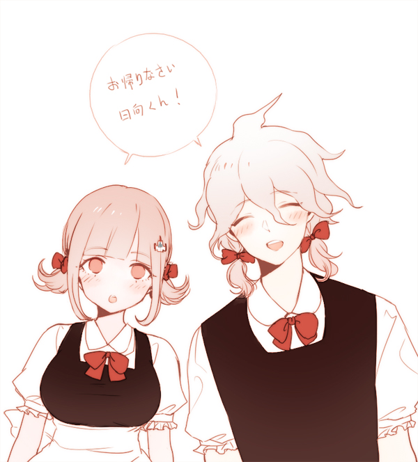 1boy 1girl ahoge alternate_costume apron black_apron blush bow breasts commentary_request dangan_ronpa eyebrows_visible_through_hair hair_between_eyes hair_bow hair_ornament hairclip komaeda_nagito large_breasts looking_at_viewer maid messy_hair nanami_chiaki pink_eyes pink_hair puffy_short_sleeves puffy_sleeves red_neckwear shell_(shell518) short_hair short_sleeves short_twintails simple_background speech_bubble super_dangan_ronpa_2 translated twintails upper_teeth white_apron white_background white_hair