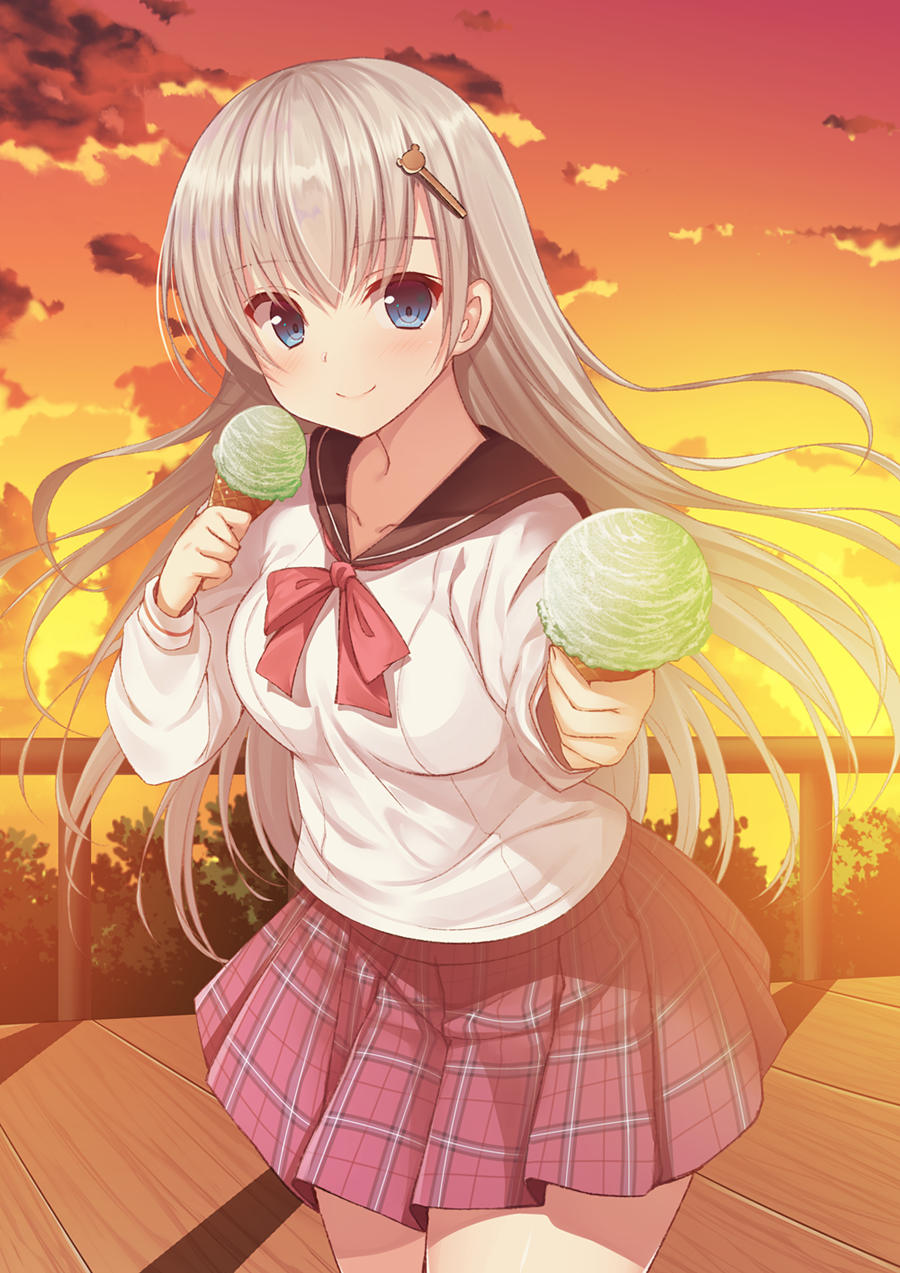 1girl bangs bear_hair_ornament black_sailor_collar blue_eyes blush bow breasts brown_sky closed_mouth clouds cloudy_sky collarbone commentary_request eyebrows_visible_through_hair gradient_sky grey_hair hair_between_eyes hair_ornament hairclip highres long_hair long_sleeves looking_at_viewer moe2019 original outdoors plaid plaid_skirt pleated_skirt railing red_bow red_skirt rennkuu sailor_collar school_uniform serafuku shirt skirt sky small_breasts smile solo sunset very_long_hair white_shirt yellow_sky