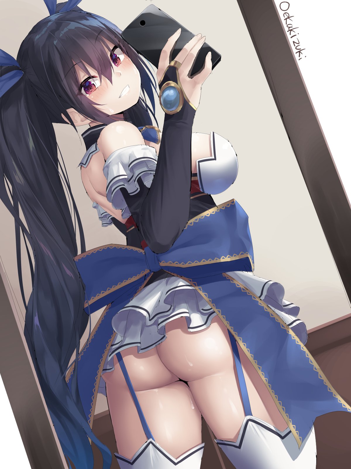 1girl ass bare_shoulders black_hair blue_ribbon blush breasts commentary_request detached_collar detached_sleeves from_behind garter_straps grin hair_between_eyes hair_ribbon highres holding holding_phone indoors long_hair looking_at_viewer looking_back medium_breasts miniskirt neptune_(series) noire oekakizuki phone red_eyes ribbon skirt smile solo thigh-highs thighs twintails very_long_hair white_skirt