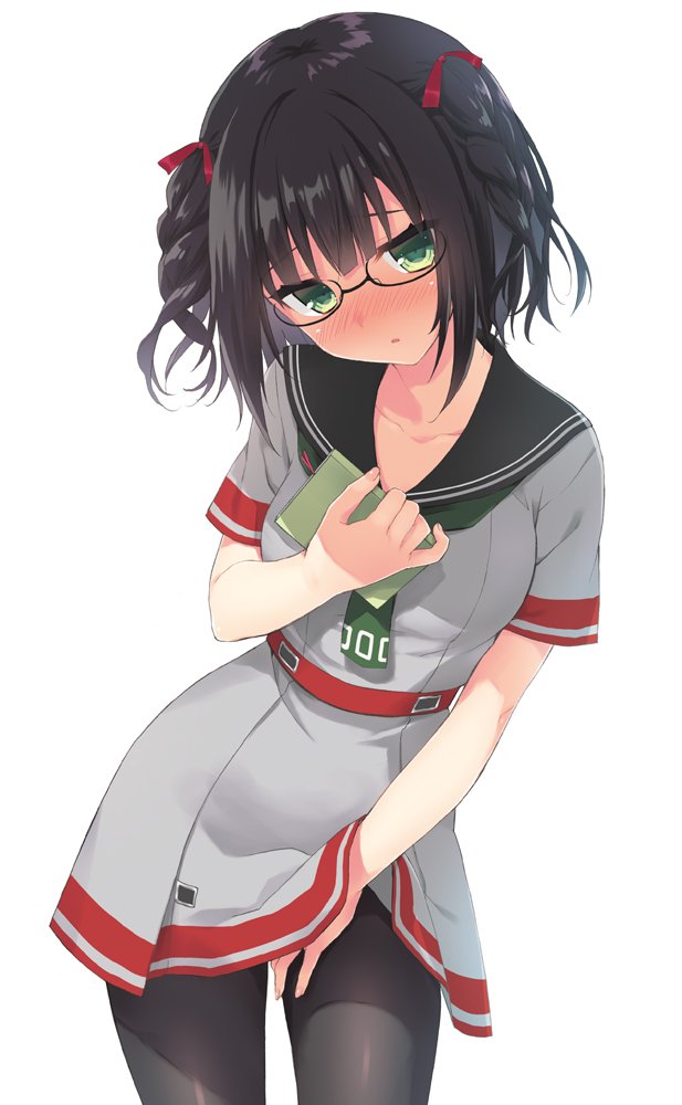 1girl bangs between_legs black_hair blunt_bangs blush book braid collarbone eyebrows_visible_through_hair glasses green_eyes hair_ribbon hand_between_legs looking_at_viewer necktie open_mouth original pantyhose ribbon ryouka_(suzuya) school_uniform short_hair short_sleeves simple_background skirt solo white_background