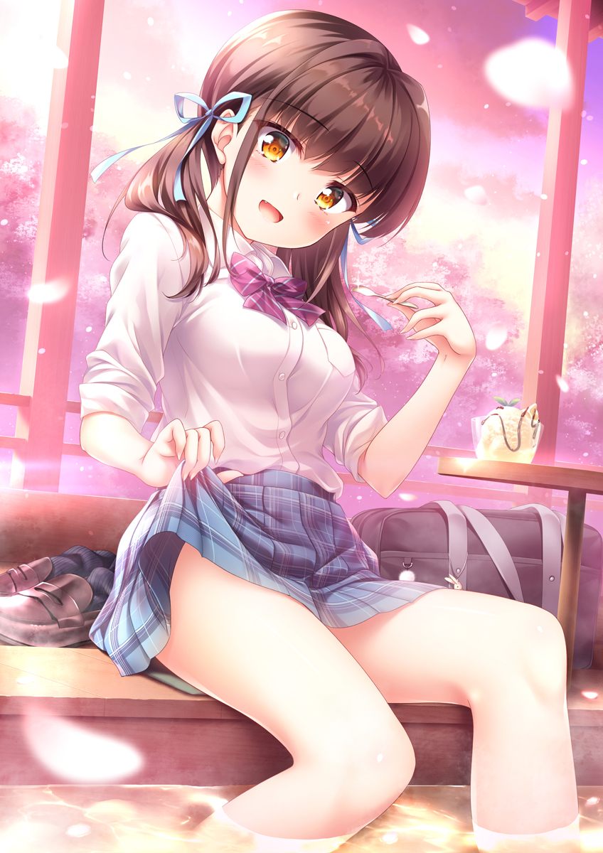1girl :d ashiyu bag bare_legs black_legwear blue_ribbon blue_skirt blue_sky blurry blush bow bowtie breasts brown_footwear brown_hair buttons charm_(object) cherry_blossoms clouds cloudy_sky collared_shirt commentary_request day depth_of_field dress_shirt fang hair_ribbon hand_up head_tilt highres holding holding_spoon legwear_removed lifted_by_self loafers long_hair looking_at_viewer medium_breasts miniskirt moe2019 open_mouth orange_eyes original petals pleated_skirt purple_neckwear ribbon school_bag school_uniform shirt shirt_tucked_in shoes shoes_removed short_sleeves skirt skirt_lift sky smile soaking_feet solo spoon striped striped_legwear striped_neckwear teaspoon thighs tree twintails water white_shirt yuurei_yashiki