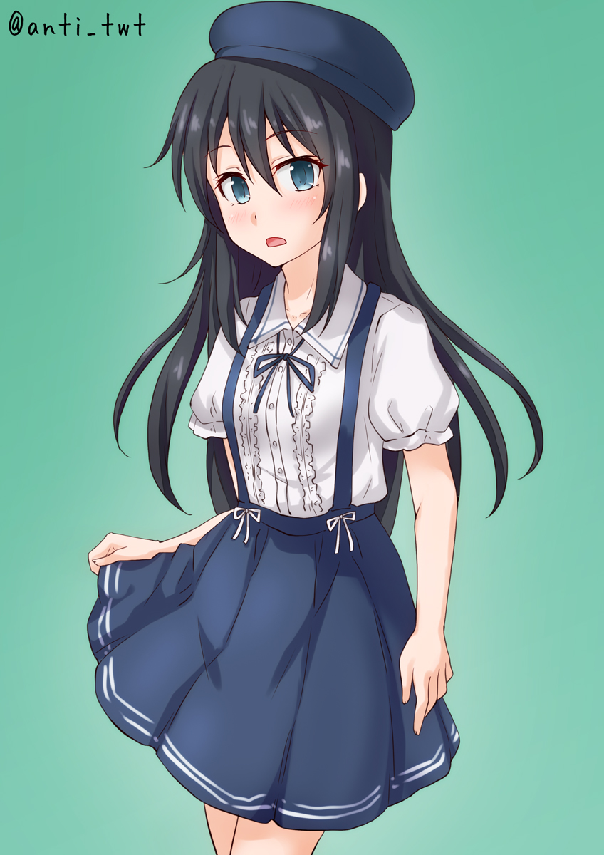 1girl alternate_costume anti_(untea9) asashio_(kantai_collection) beret black_hair black_hat blue_eyes blue_skirt commentary_request cowboy_shot gradient gradient_background green_background hat highres kantai_collection long_hair looking_at_viewer open_mouth pleated_skirt puffy_short_sleeves puffy_sleeves shirt short_sleeves skirt solo suspender_skirt suspenders twitter_username white_shirt