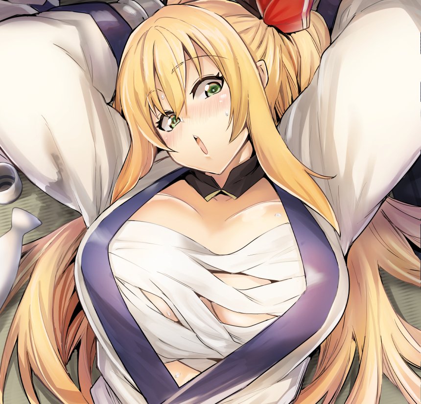 1girl :o arms_up blonde_hair blush bottle bow breasts drunk granblue_fantasy green_eyes hair_bow japanese_clothes kimono large_breasts lefthand long_hair lying mirin_(granblue_fantasy) on_back open_clothes open_kimono sake_bottle sarashi undone_sarashi