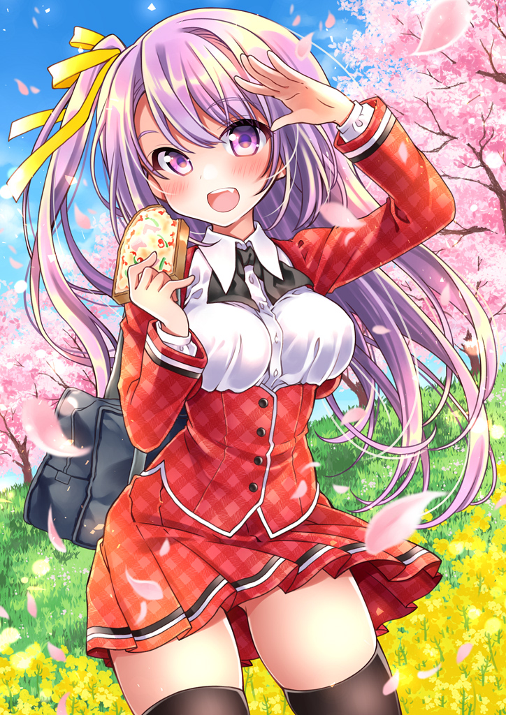 1girl :d bag black_legwear black_neckwear blue_sky blush breasts buttons cherry_blossoms clouds collared_shirt commentary_request cowboy_shot cropped_jacket day dress_shirt fang flower food gluteal_fold grass hair_ribbon hand_up holding holding_food jacket kawanobe long_hair long_sleeves looking_at_viewer medium_breasts miniskirt moe2019 one_side_up open_clothes open_jacket open_mouth original outdoors petals pleated_skirt purple_hair red_jacket red_skirt ribbon school_bag school_uniform shirt skirt sky smile solo standing thigh-highs toast tree underbust violet_eyes white_shirt yellow_flower yellow_ribbon