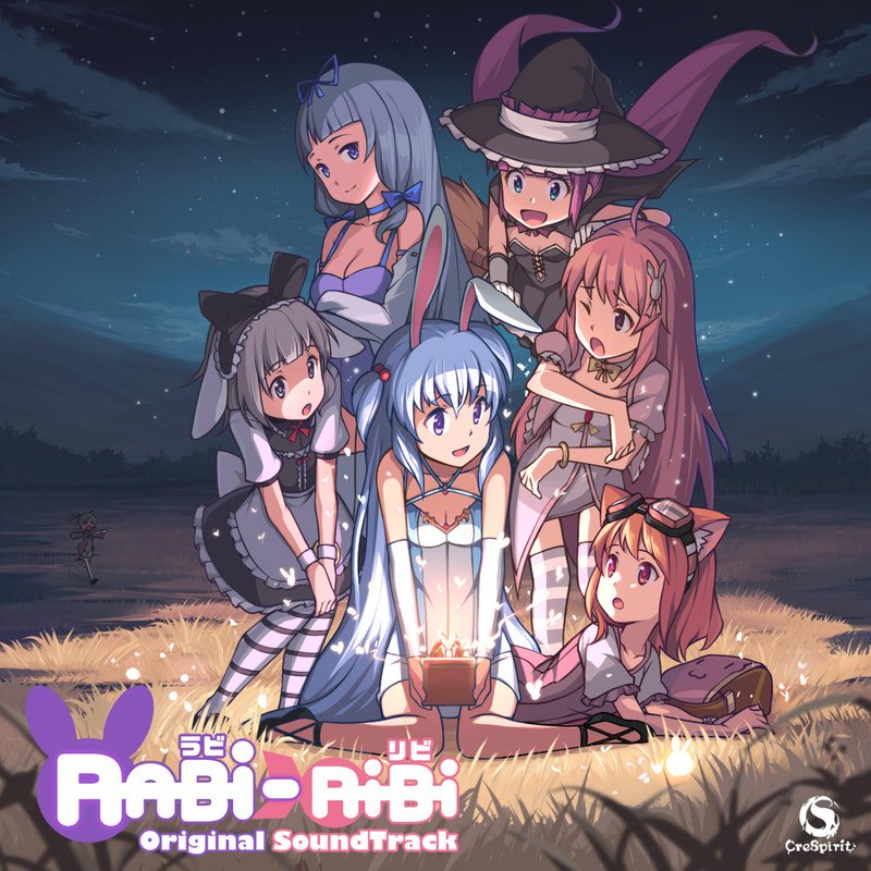 &gt;_&lt; 6+girls :d :o ;o animal_ears ashuri_(rabi-ribi) bag bangs bare_shoulders blue_eyes blue_hair blunt_bangs bug cat_ears check_artist clouds cocoa_(rabi_ribi) commentary copyright_name detached_sleeves english_commentary firefly goggles goggles_on_head grass hair_ornament hat headdress insect irisu_(rabi_ribi) logo long_hair looking_at_another low_twintails lying multiple_girls night night_sky noah_(rabi_ribi) official_art one_eye_closed open_mouth orange_hair outdoors pink_eyes pink_hair puffy_short_sleeves puffy_sleeves rabbit_ears rabi-ribi rita_(rabi-ribi) rumi_(rabi_ribi) running saiste saya_(rabi_ribi) short_hair short_sleeves silver_hair sitting sky smile star_(sky) starry_sky striped striped_legwear thigh-highs twintails two_side_up very_long_hair violet_eyes witch_hat