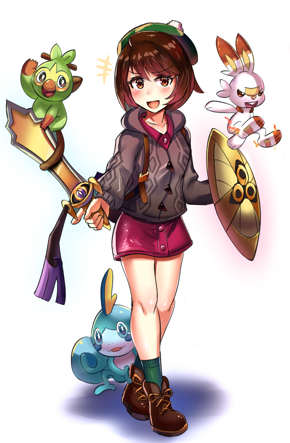 +++ 1girl aegislash beret blush blush_stickers boots breasts brown_eyes brown_footwear brown_hair commentary creature creatures_(company) dress female_protagonist_(pokemon_swsh) full_body game_freak gen_6_pokemon gen_8_pokemon green_hat green_legwear grey_jacket grookey hat highres holding holding_pokemon holding_shield holding_sword holding_weapon hood hooded_jacket jacket long_sleeves looking_at_viewer miniskirt nintendo pink_shirt pink_skirt pokemon pokemon_(creature) pokemon_(game) pokemon_swsh pun scorbunny shield shirt shoes short_dress short_hair skirt small_breasts smile sobble socks standing sword tzc weapon