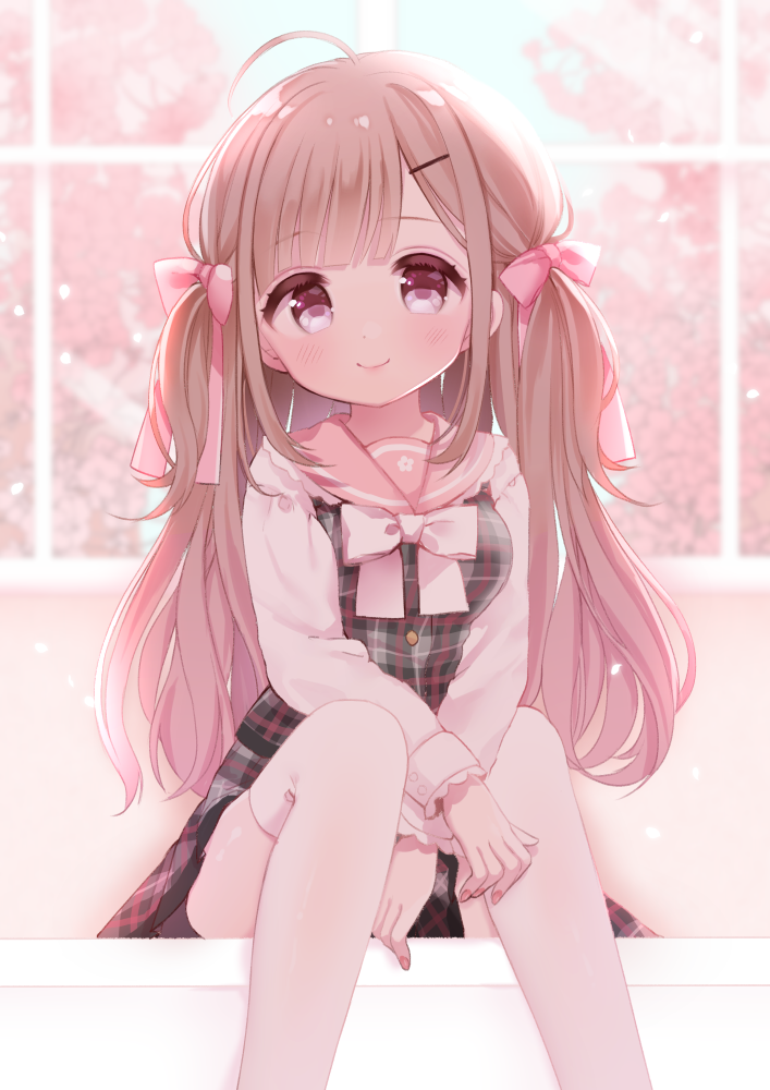 1girl ahoge blurry blurry_background blush bow breasts brown_hair closed_mouth commentary_request depth_of_field dress feet_out_of_frame fingernails grey_dress hair_bow hair_ornament hairclip long_hair long_sleeves maeha moe2019 nail_polish original pink_bow pink_nails pink_sailor_collar plaid plaid_dress sailor_collar school_uniform serafuku shirt sitting sleeveless sleeveless_dress small_breasts smile solo thigh-highs two_side_up very_long_hair violet_eyes white_legwear white_shirt