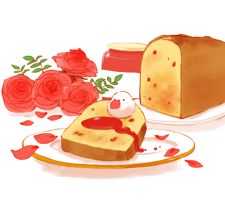 1other bird branch chai commentary_request food jam jar original petals plate pound_cake rose_petals sitting_on_food white_background