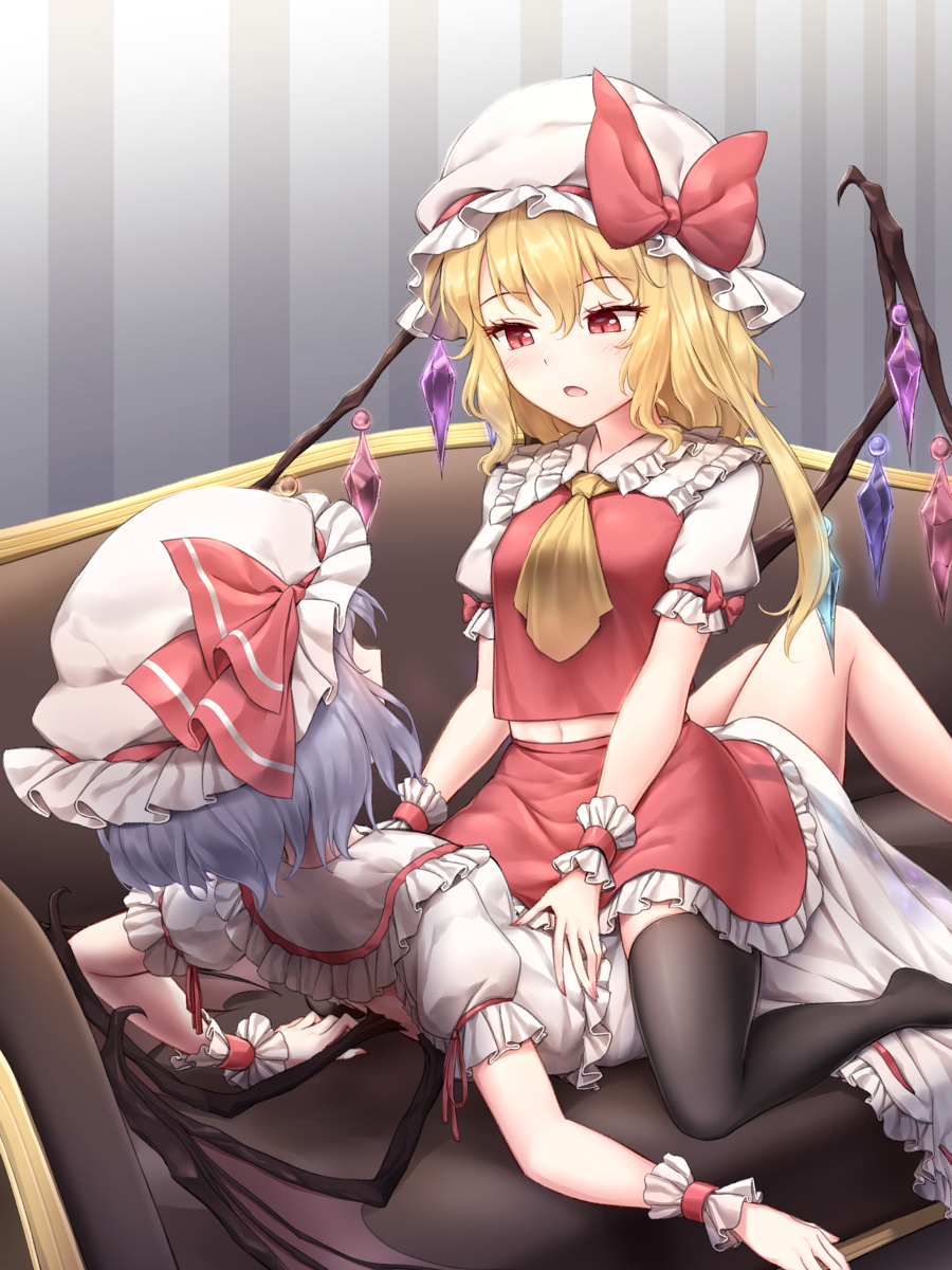 2girls arm_support ascot bangs bat_wings black_legwear blonde_hair blue_hair blush bow breasts commentary_request couch crystal dress eyebrows_visible_through_hair flandre_scarlet frilled_shirt_collar frills hair_between_eyes hat hat_bow hat_ribbon highres indoors long_hair looking_at_another lying midriff_peek minust mob_cap multiple_girls navel no_shoes on_back one_side_up open_mouth petticoat puffy_short_sleeves puffy_sleeves red_bow red_eyes red_ribbon red_skirt red_vest remilia_scarlet ribbon shirt short_hair short_sleeves siblings sisters sitting skirt skirt_set slit_pupils small_breasts striped thigh-highs thighs touhou vertical_stripes vest white_dress white_hat white_shirt wings yellow_neckwear