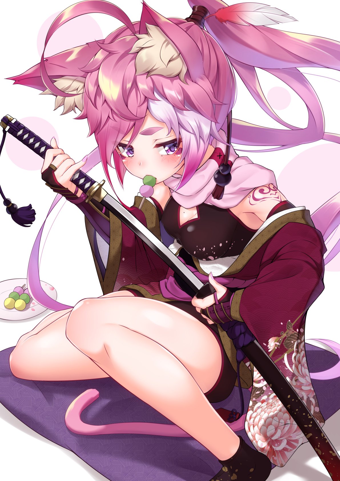 1girl ahoge animal_ear_fluff animal_ears arm_tattoo black_footwear blush breasts bridal_gauntlets cat_ears cat_tail cleavage cleavage_cutout commentary_request dango facial_tattoo floral_print food food_in_mouth highres holding holding_sword holding_weapon japanese_clothes katana kimono long_ponytail long_sleeves looking_at_viewer medium_breasts mole mole_on_breast nail_polish off-shoulder_kimono original pink_hair pink_scarf plate ponytail red_kimono sanshoku_dango scarf sheath short_eyebrows short_hair sitting skewer solo sword tabi tail takatun223 tattoo thick_eyebrows unsheathing violet_eyes wagashi weapon wide_sleeves
