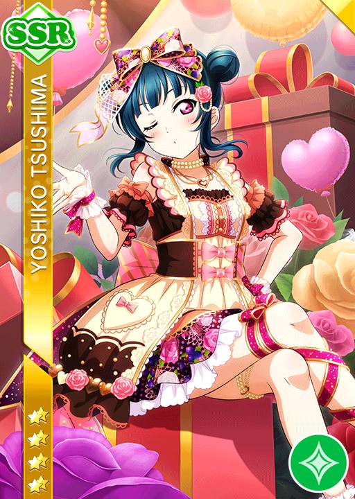 blue_hair blush character_name dress long_hair love_live!_school_idol_festival love_live!_sunshine!! pink_eyes smile tsushima_yoshiko valentines wink