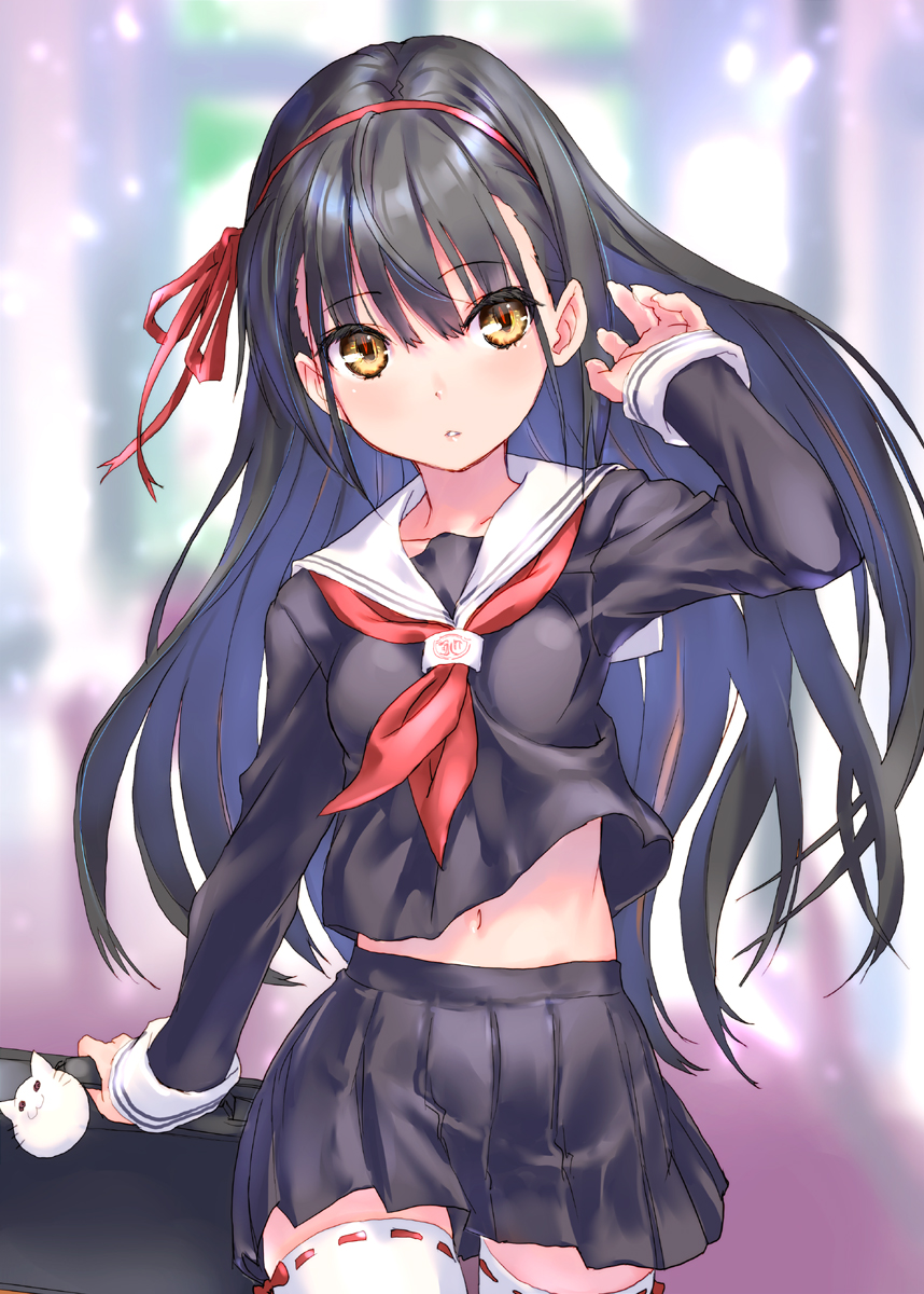 1girl bangs black_hair black_serafuku black_shirt black_skirt blurry blurry_background breasts brown_eyes collarbone commentary_request depth_of_field eyebrows_visible_through_hair fingernails hair_between_eyes hair_ribbon hairband hand_up highres holding long_hair long_sleeves looking_at_viewer moe2019 navel neckerchief original parted_lips pleated_skirt raika9 red_hairband red_neckwear red_ribbon ribbon ribbon-trimmed_legwear ribbon_trim sailor_collar school_briefcase school_uniform serafuku shirt skirt sleeves_past_wrists small_breasts solo stomach thigh-highs very_long_hair white_legwear white_sailor_collar