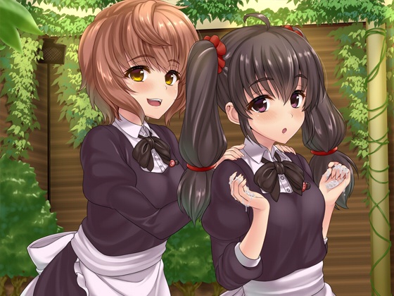 2girls apron black_bow black_dress black_hair bow brown_eyes brown_hair dress hands_on_another's_shoulders hands_up healing_salon_ciel juliet_sleeves long_sleeves looking_at_viewer maid_apron multiple_girls official_art open_mouth plant puffy_sleeves red_scrunchie scrunchie sengoku_aky short_hair smile soap_bubbles twintails upper_body vines