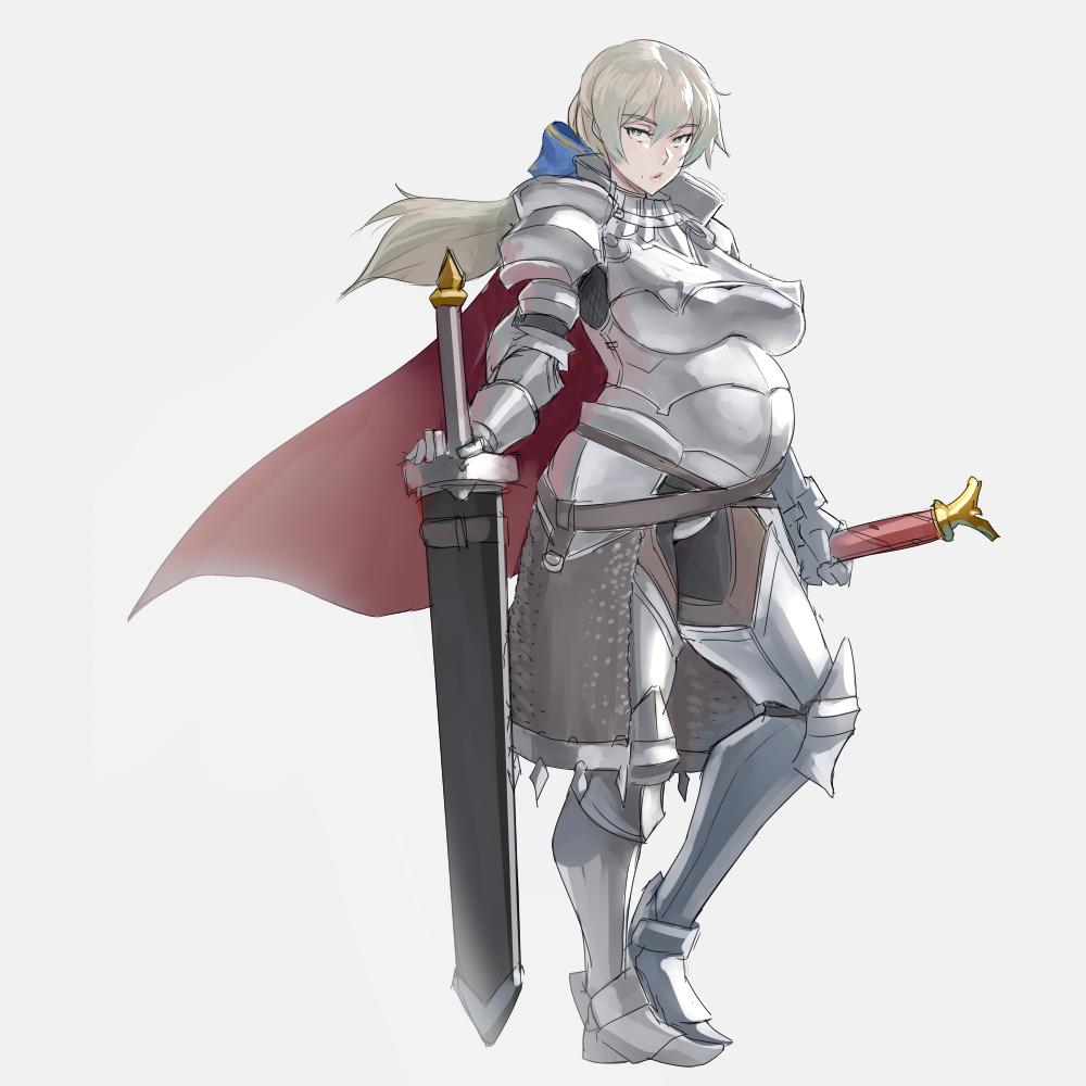 1girl armor bow breasts cape commentary_request full_body grey_background grey_hair hair_bow hand_on_hilt heel_raised impossible_armor impossible_clothes large_breasts long_hair looking_at_viewer mikoyan original pregnant simple_background sketch solo standing sword weapon