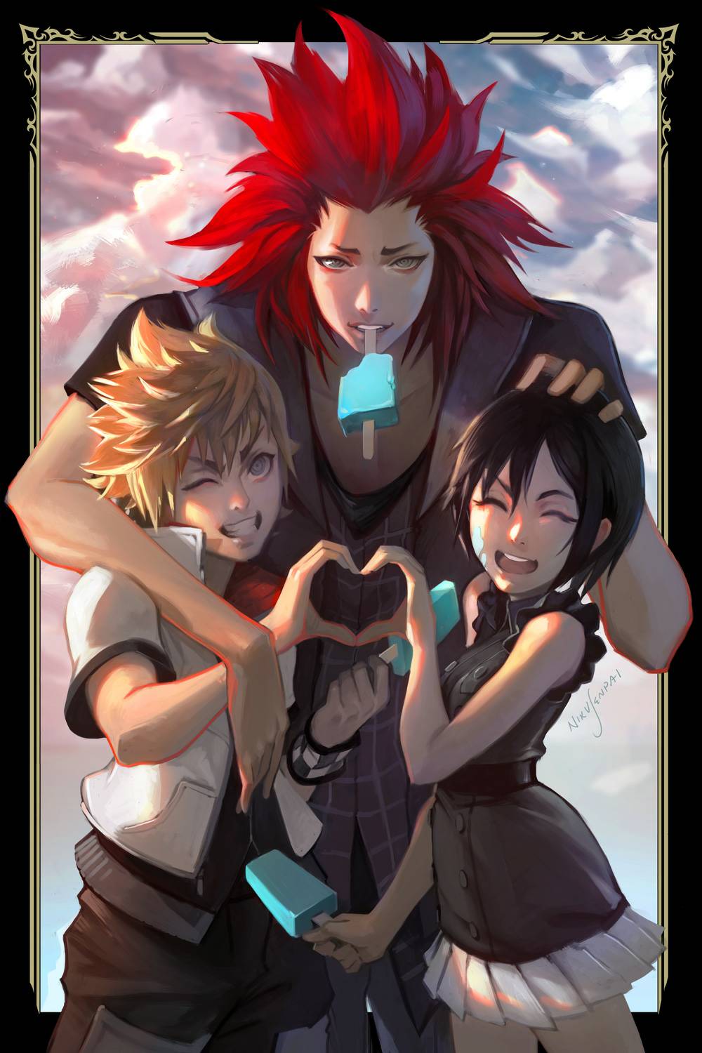 1girl 2boys alternate_costume arm_around_shoulder artist_name black_border black_hair blonde_hair border closed_eyes clouds food food_in_mouth frilled_sleeves frills hand_on_another's_head happy heart heart_hands heart_hands_duo highres kingdom_hearts kingdom_hearts_iii lea_(kingdom_hearts) looking_at_viewer multiple_boys nikusenpai one_eye_closed popsicle popsicle_stick redhead roxas short_hair skirt sleeveless smile spiky_hair spoilers v-shaped_eyebrows xion_(kingdom_hearts)