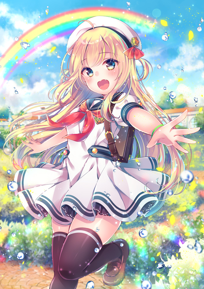 1girl :d backpack bag bangs beret black_sailor_collar blonde_hair blue_sky blurry blurry_background breasts brown_footwear brown_legwear clouds cloudy_sky commentary_request day detached_sleeves dress eyebrows_visible_through_hair fang hat loafers long_hair looking_at_viewer moe2019 neckerchief nemuri_nemu open_mouth original outdoors outstretched_arm petals pleated_dress puffy_short_sleeves puffy_sleeves rainbow red_neckwear red_ribbon ribbon sailor_collar sailor_dress shoes short_sleeves sky small_breasts smile solo standing standing_on_one_leg thigh-highs very_long_hair water_drop white_hat yellow_eyes