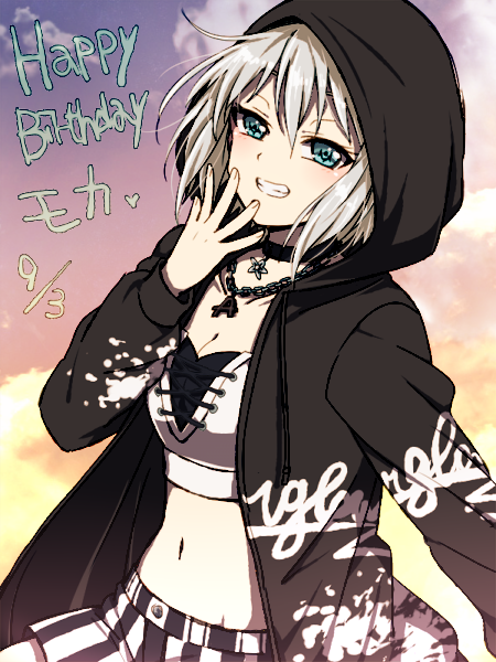 1girl akasata aoba_moca aqua_eyes bang_dream! birthday black_choker black_jacket breasts chain_necklace character_name choker cleavage clothes_writing crop_top cross-laced_clothes dated grey_hair grin hand_to_own_mouth happy_birthday hood hood_up hooded_jacket jacket jewelry long_sleeves midriff navel paint_stains pendant short_hair shorts smile solo striped sunset vertical-striped_shorts vertical_stripes