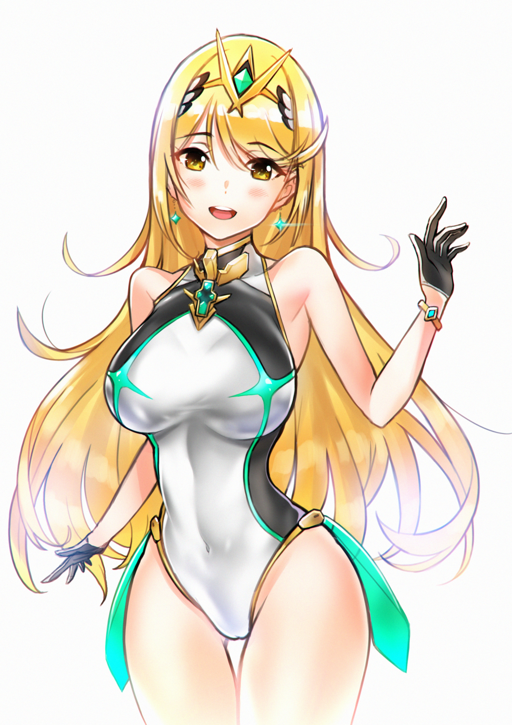 1girl bangs bare_shoulders blonde_hair blush breasts cawang competition_swimsuit earrings gem hair_ornament headpiece highres mythra_(xenoblade) jewelry large_breasts long_hair looking_at_viewer nintendo one-piece_swimsuit open_mouth pose simple_background smile solo swept_bangs swimsuit teeth tiara very_long_hair xenoblade_(series) xenoblade_2 yellow_eyes