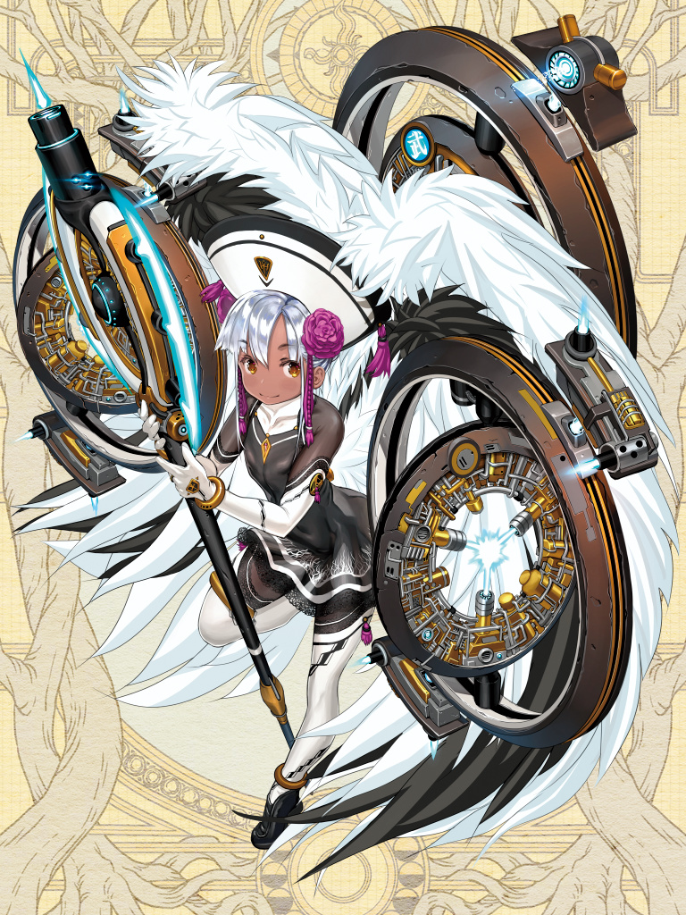 1girl aria_shinohara bad_leg black_dress bracelet dairoku_youhei dark_skin dress feathered_wings flower full_body gloves hair_flower hair_ornament hair_ribbon hat holding holding_staff jewelry ribbon sidelocks silver_hair staff thigh-highs watarikagenkai white_gloves white_hat white_legwear white_wings wings