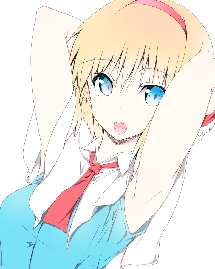 1girl :o alice_margatroid armpits arms_behind_head arms_up bangs blonde_hair blue_dress blue_eyes breasts capelet commentary_request dress eyebrows_visible_through_hair hair_between_eyes hairband looking_at_viewer medium_breasts nirap open_mouth red_hairband red_neckwear short_hair simple_background sleeveless sleeveless_dress solo touhou upper_body white_background white_capelet wing_collar