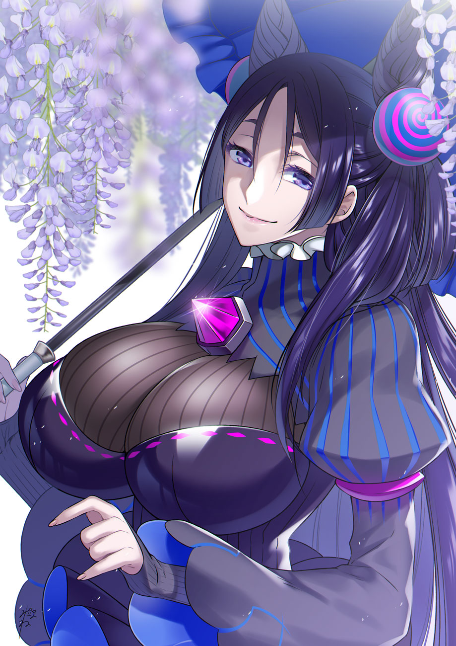 1girl bangs black_dress breasts closed_mouth cosplay double_bun dress fate/grand_order fate_(series) flower frills hair_between_eyes hair_ornament highres large_breasts long_hair long_sleeves looking_at_viewer minamoto_no_raikou_(fate/grand_order) murasaki_shikibu_(fate) murasaki_shikibu_(fate)_(cosplay) parted_bangs puffy_sleeves purple_hair smile solo suzuki_nene umbrella very_long_hair violet_eyes white_background