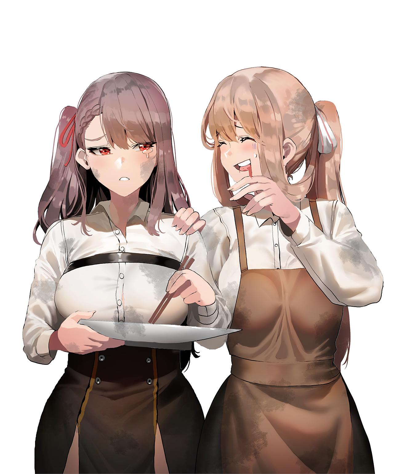 2girls asymmetrical_wings blush brown_hair character_request closed_eyes crying girls_frontline hand_on_another's_head highres ihobus long_hair multiple_girls pantyhose ponytail purple_hair red_eyes side_ponytail smile sweatdrop wa2000_(girls_frontline) white_background wings