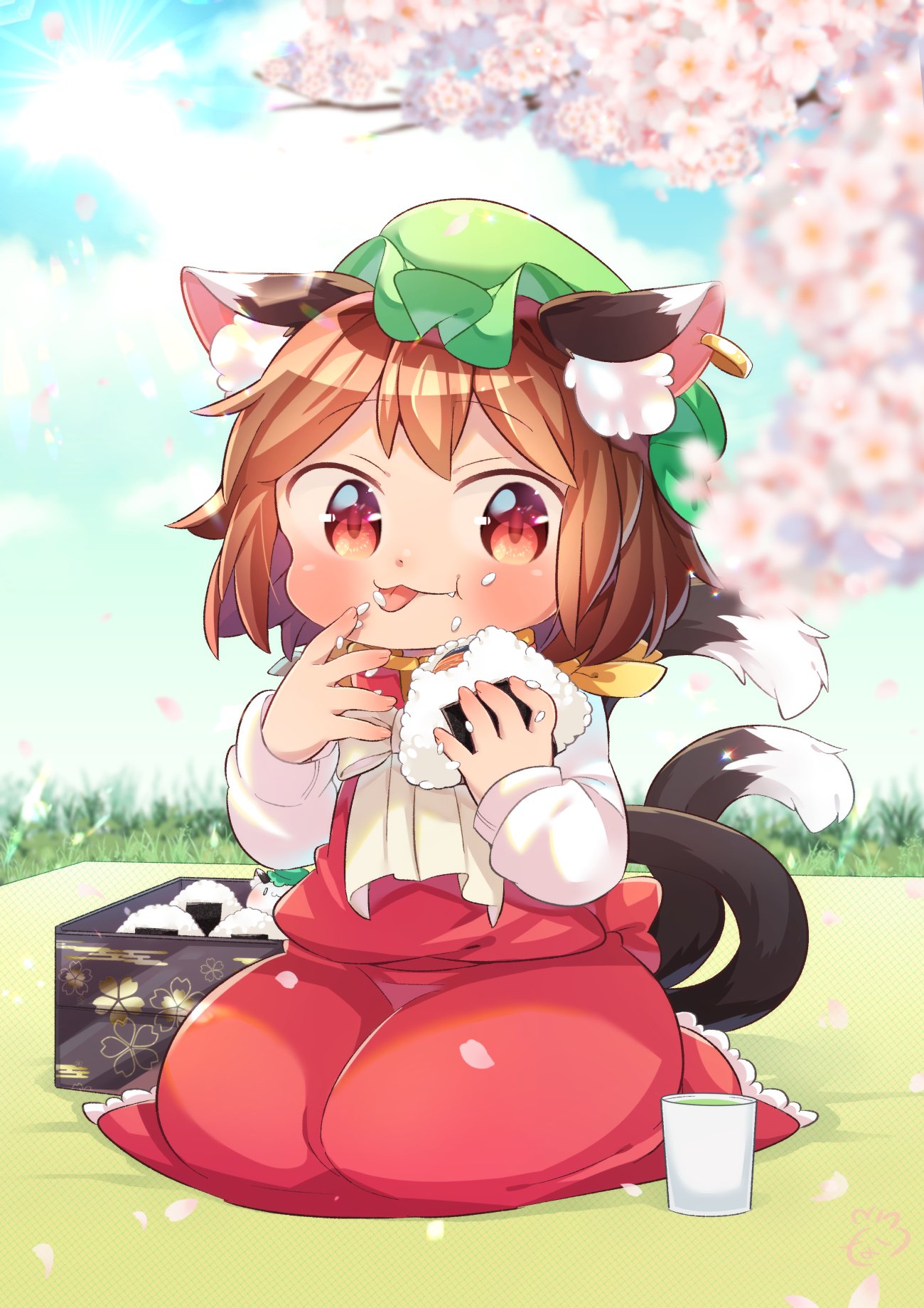 1girl :3 :p animal_ear_fluff animal_ears blanket blue_sky blurry blush bow brown_hair cat_ears cat_tail chen cherry_blossoms clouds commentary_request cup day depth_of_field eating food food_on_face food_on_finger frilled_skirt frills grass hat high_collar highres holding holding_food ibaraki_natou jewelry long_sleeves looking_at_viewer messy mob_cap mochen multiple_tails obentou onigiri outdoors petals picnic red_eyes red_skirt red_vest rice rice_on_face seiza shirt short_hair single_earring sitting skirt sky solo tail tongue tongue_out touhou tree_branch vest white_bow white_neckwear white_shirt